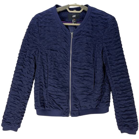HM Bomber Jacket Women Size 4 Dark Navy Blue Textured Full Zip Front Y2K Retro - Picture 1 of 5